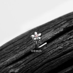 14 Karat White Gold Adorable Flower Sparkle L-Shaped Nose Ring - Pink Gem